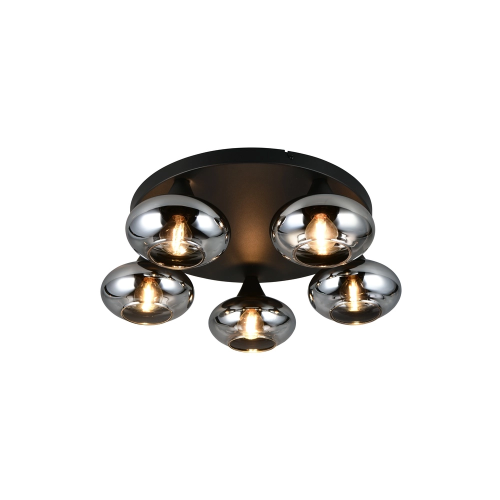 Plafondlamp Divina 5-lichts zwart met smoke glas