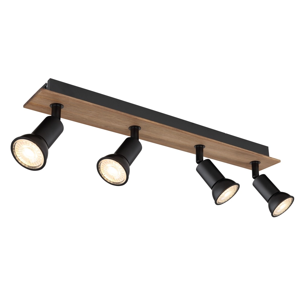 Plafondspot Drew zwart met hout 4-lichts
