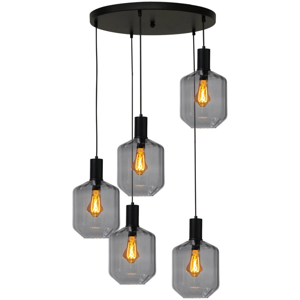 5-lichts vide hanglamp - zwart - Porto met Jagger smoke glazen