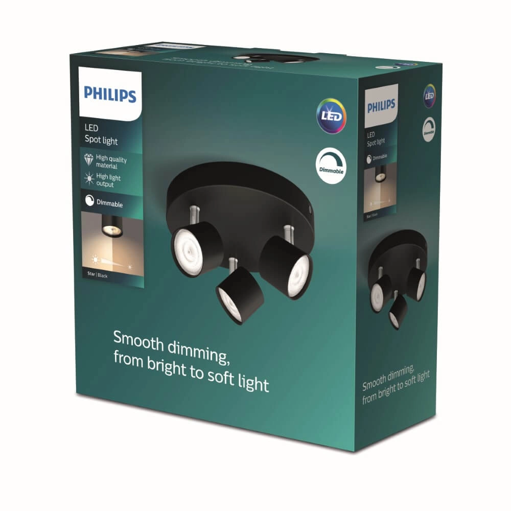 Zwarte led plafondspot Star 3-lichts Philips 8719514435414
