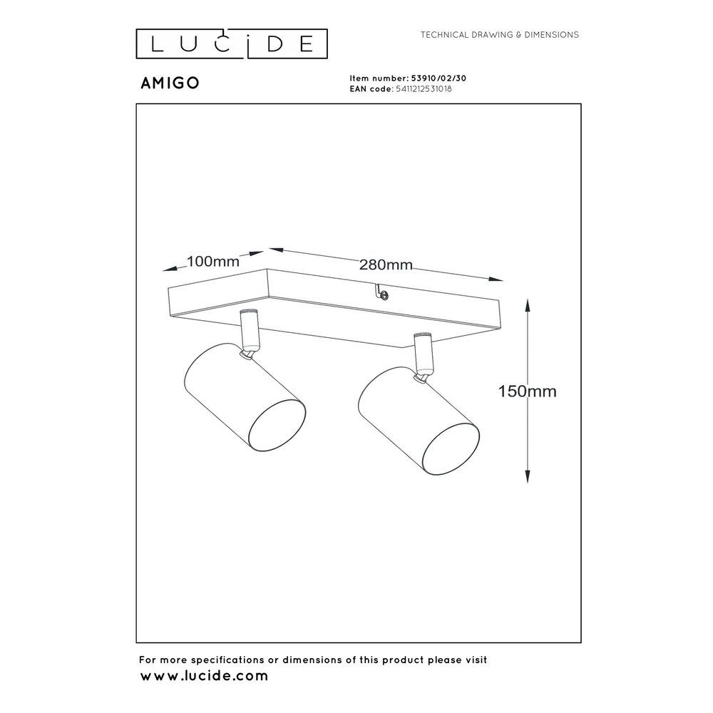 Plafondlamp Amigo 2-lichts zwart Lucide 5411212531018