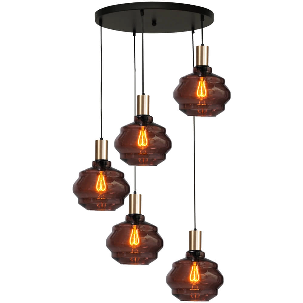 5-lichts vide hanglamp - goud - Porto met Ball red glazen - Ø 24cm