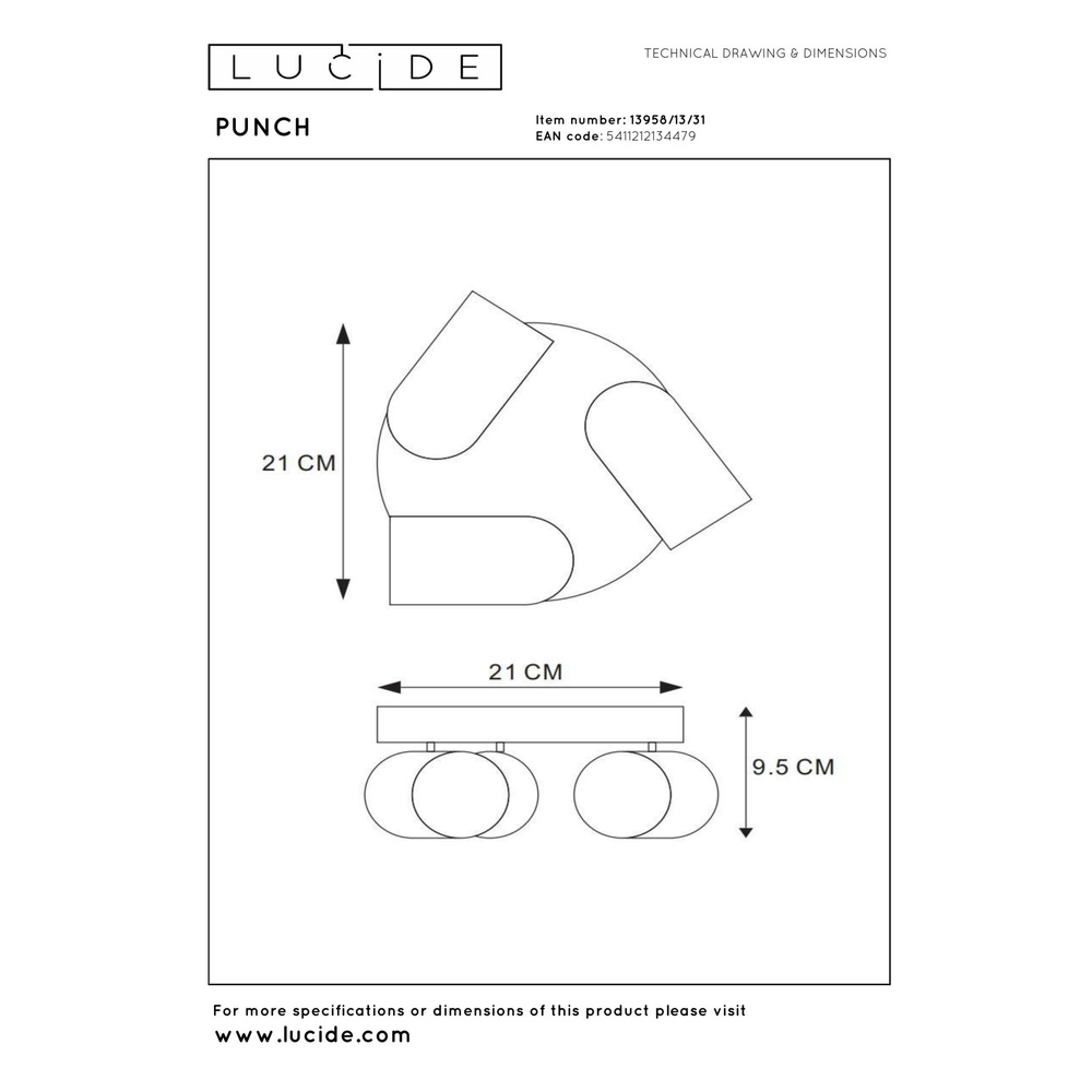 Plafondspot Punch 3-lichts wit Lucide 5411212134479
