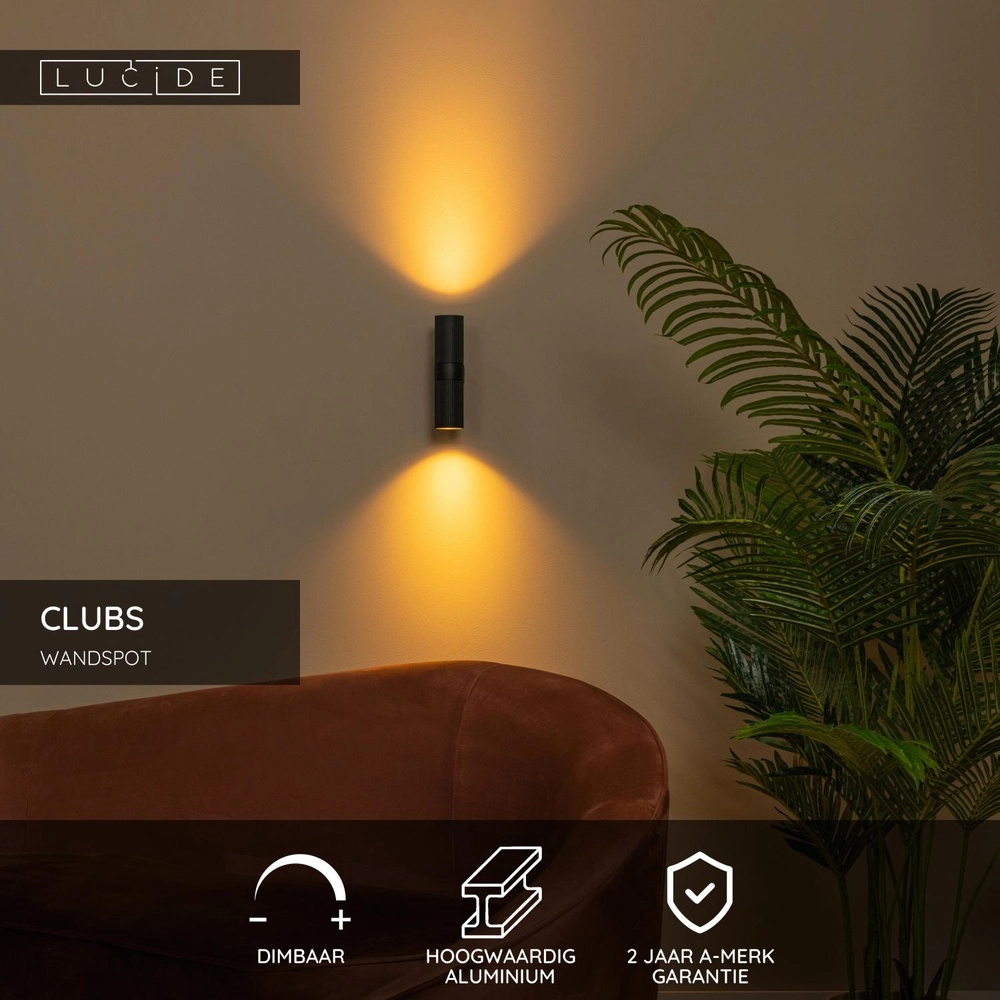 Design wandspot Clubs zwart up & down Lucide 5411212093905