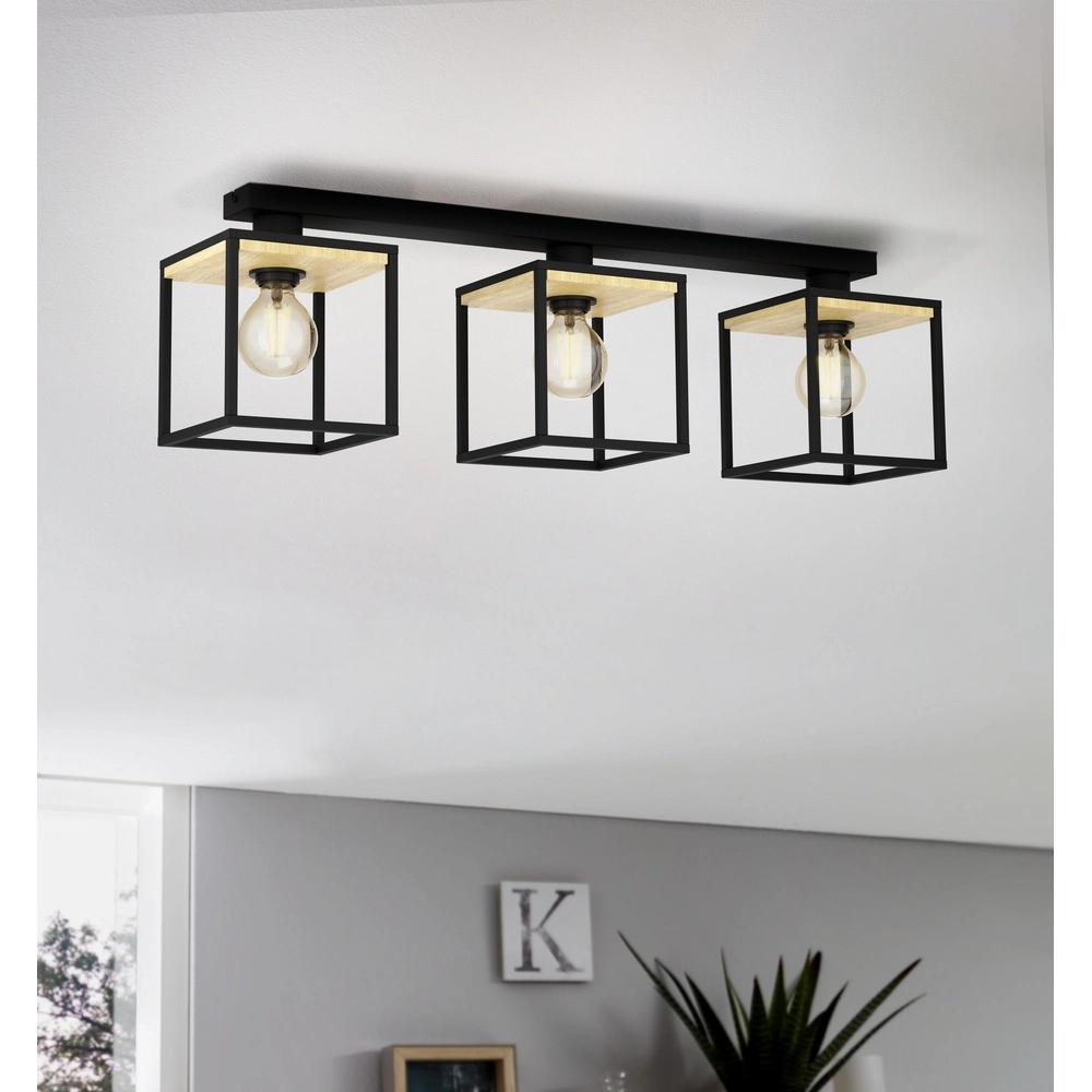 3-lichts plafondlamp Libertad zwart met hout Eglo 9002759998561