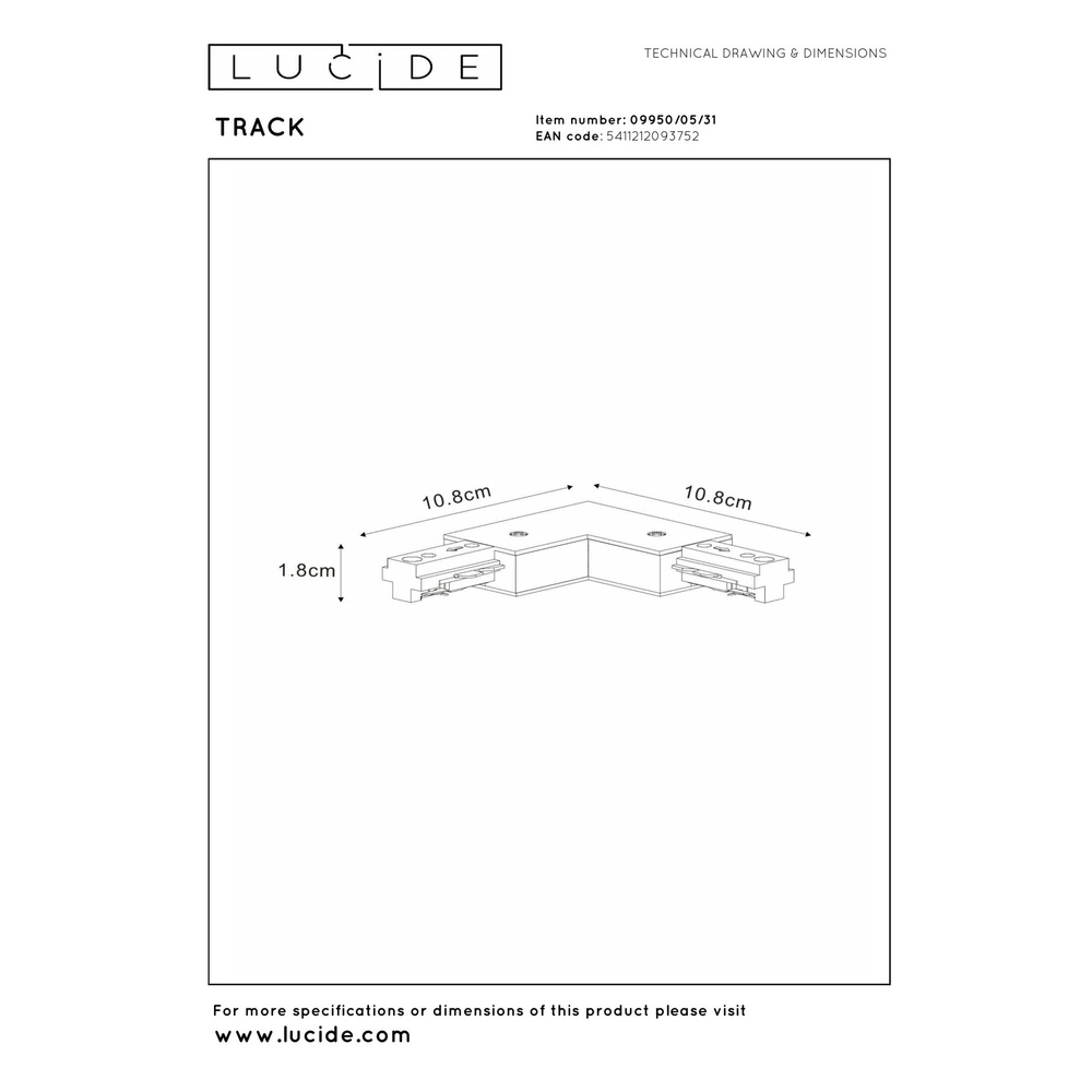 Rail L-connector Track 1-fase links wit Lucide 5411212093752
