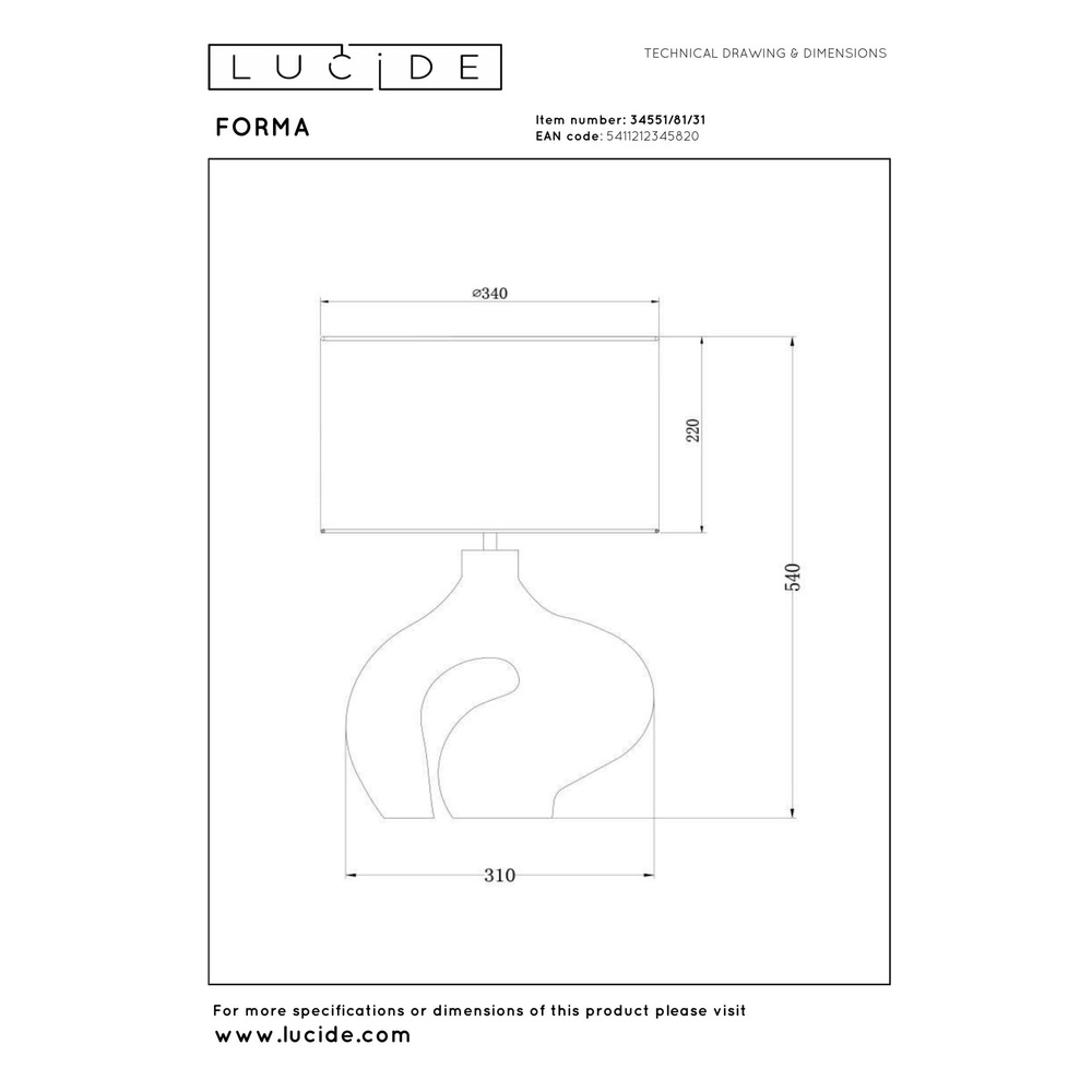 Organische tafellamp Forma wit met zwarte kap Lucide 5411212345820