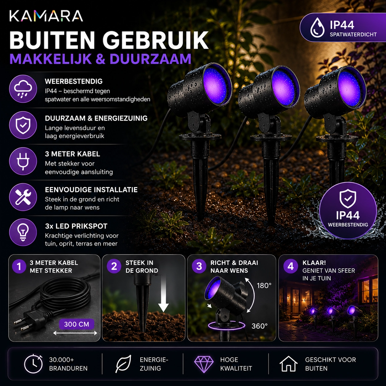Smart prikspot set Kamara RGB - 3 stuks - met 3 meter snoer en stekker Brilliant 4004353453717