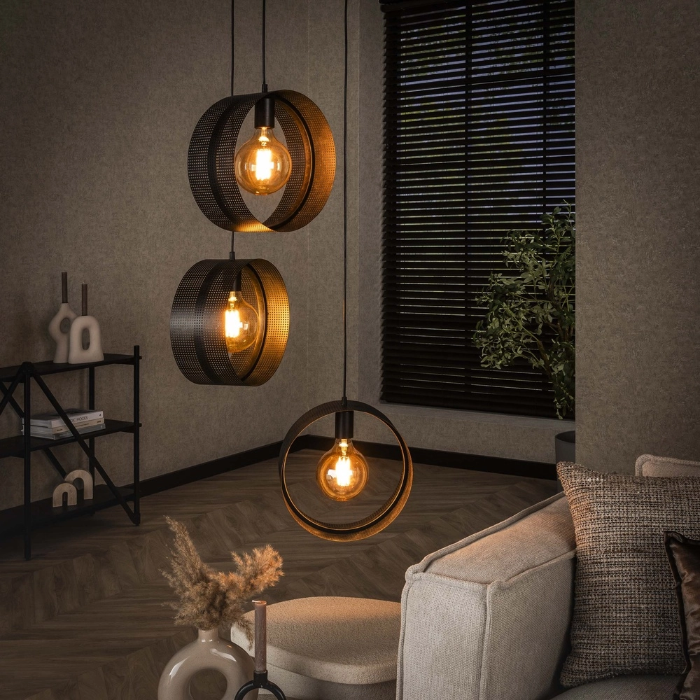 Landelijke hanglamp Ring charcoal - 3x E27