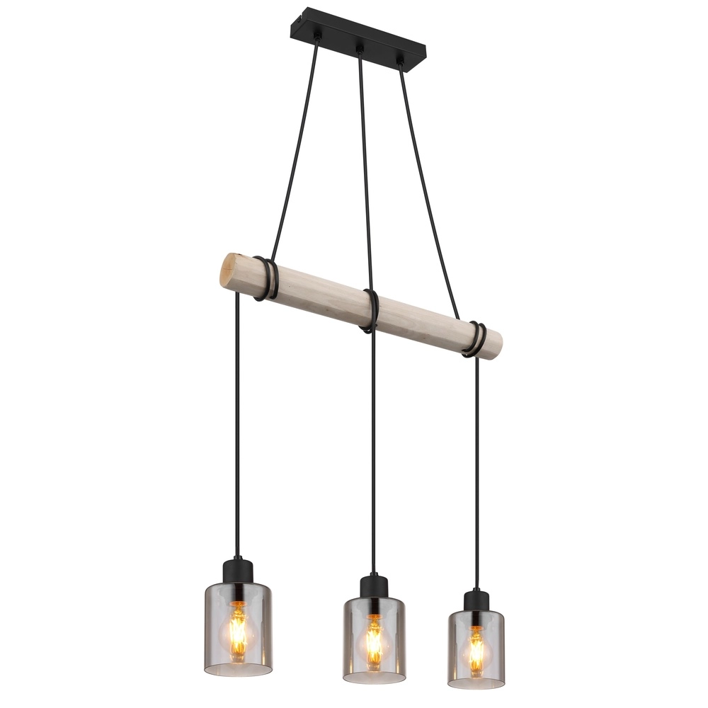 3-lichts hanglamp Hadera zwart met smoke glas