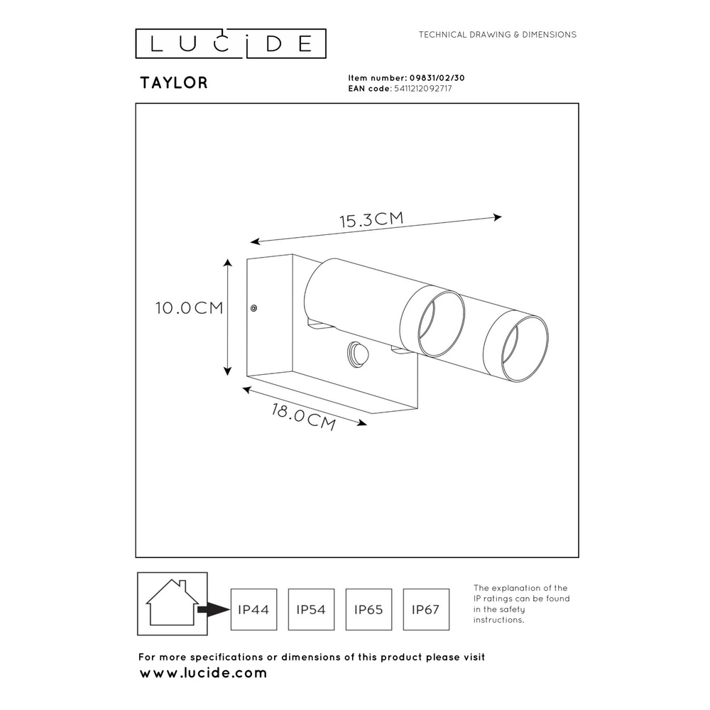 Wandspot Taylor IP54 dubbel met sensor zwart Lucide 5411212092717