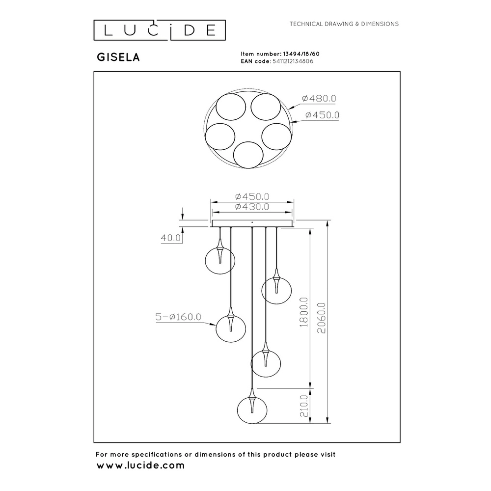Design led hanglamp Gisela helder - 5x Ø 16cm Premium by Lucide 5411212134806