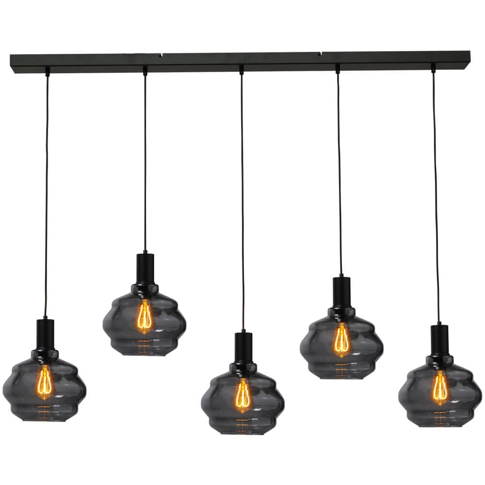 5-lichts hanglamp - zwart - Porto met Ball smoke glazen - Ø 24cm