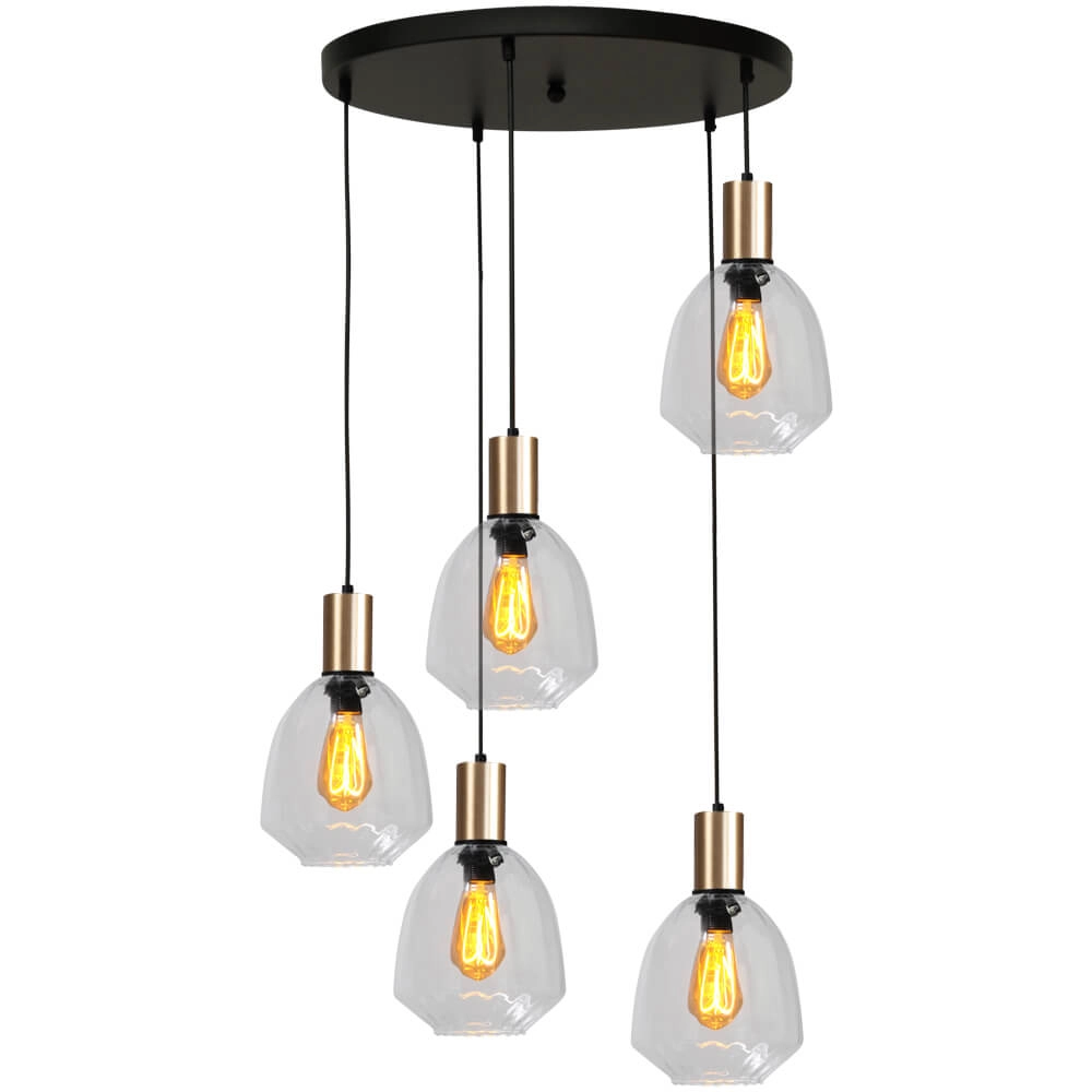 5-lichts vide hanglamp - goud - Porto met Nicolette clear glazen