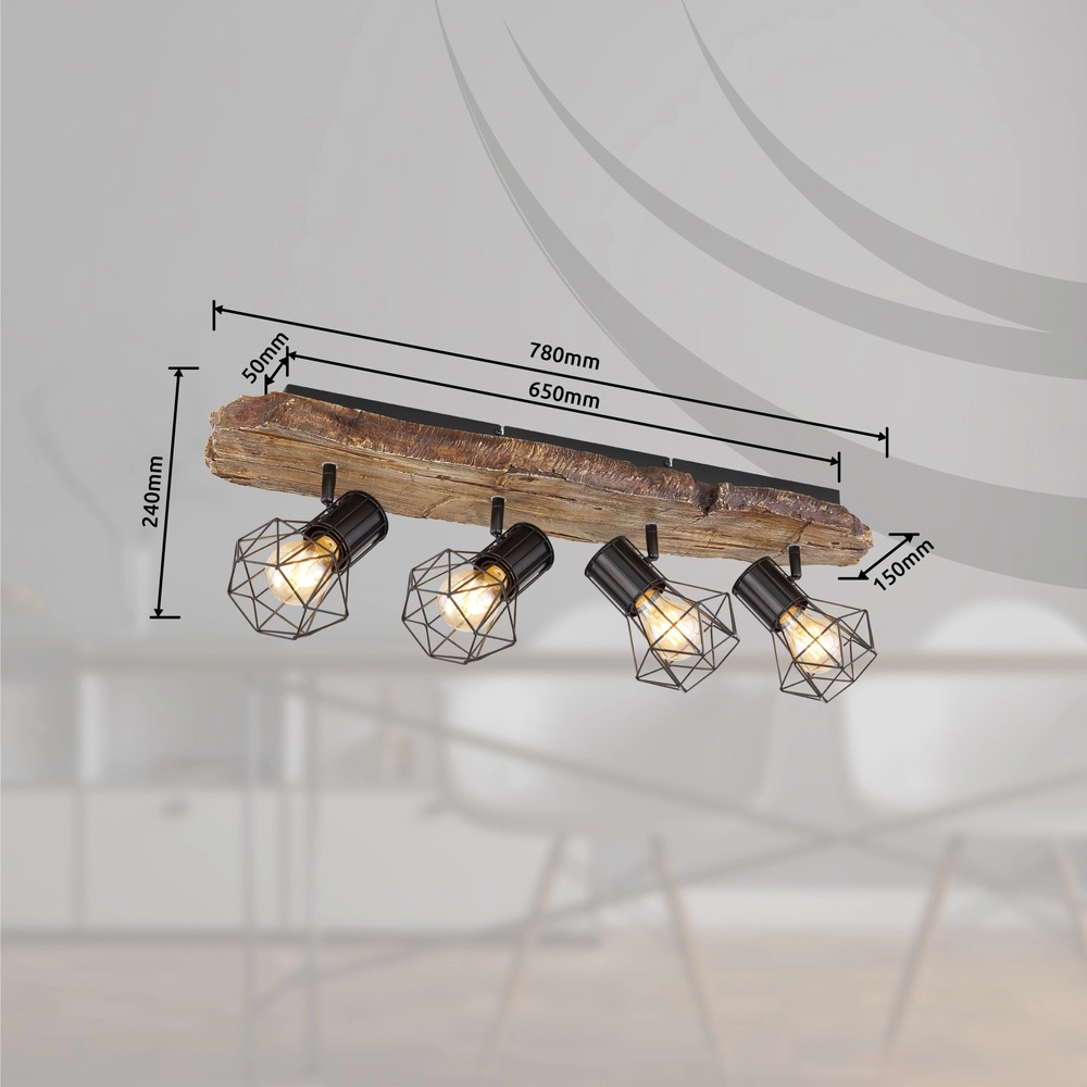 Plafondlamp Priska 4-lichts zwart met hout Globo 9007371430376