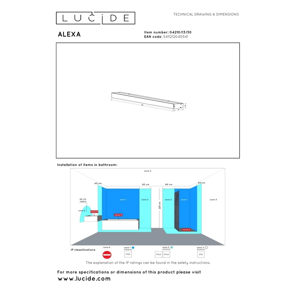 Badkamer wandlamp Alexa 90cm zwart - IP44 - 13W Lucide 5411212040541