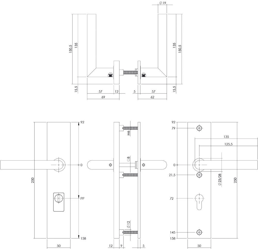 Achterdeurbeslag Aurano kerntrekbeveiliging PC 72mm recht zwart Intersteel 8714186428283