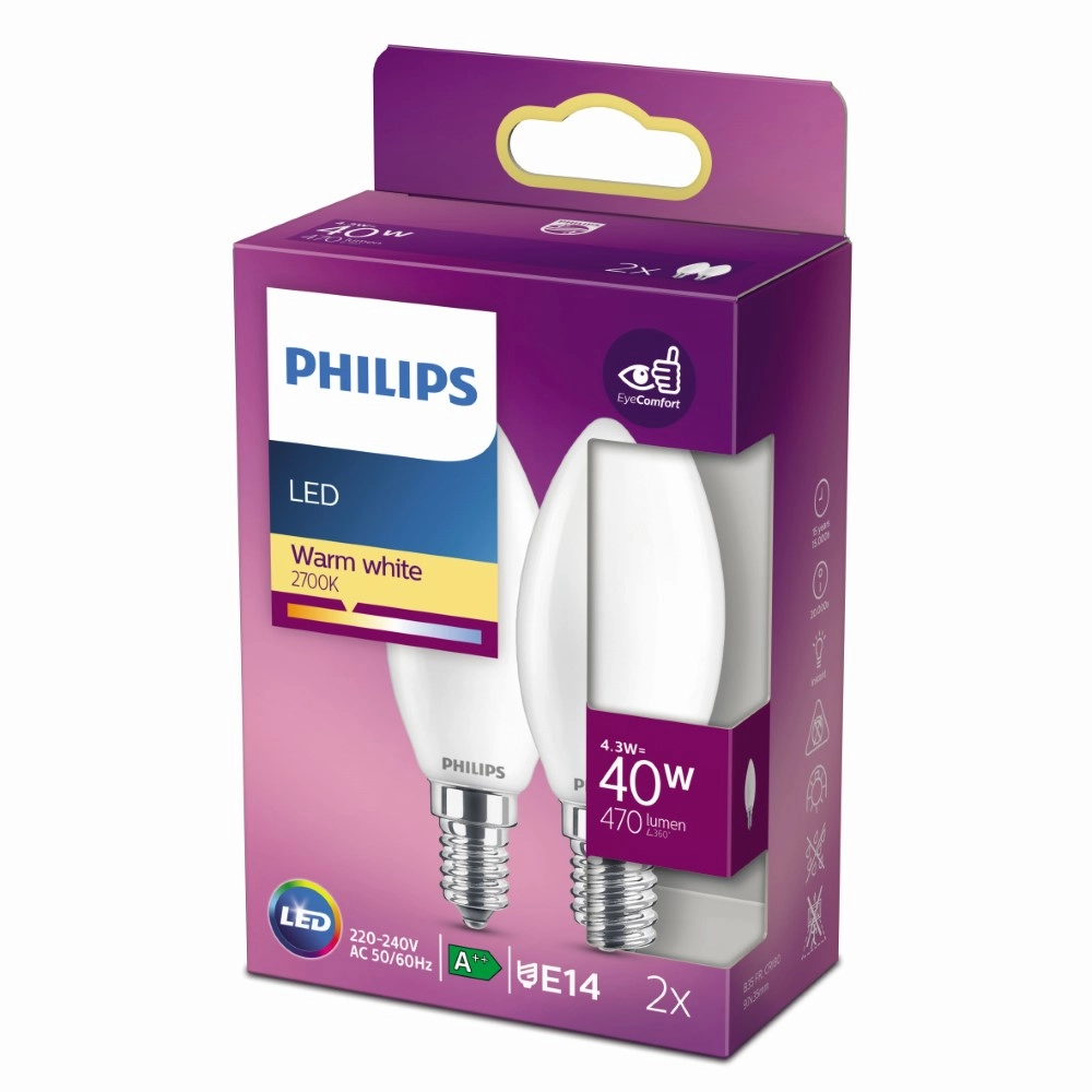 Lichtbron kaars 4,3W - E14 - 2700K - 470 lumen set van 2