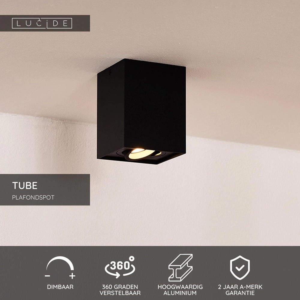 Opbouw plafondspot Tube vierkant zwart Lucide 5411212221285