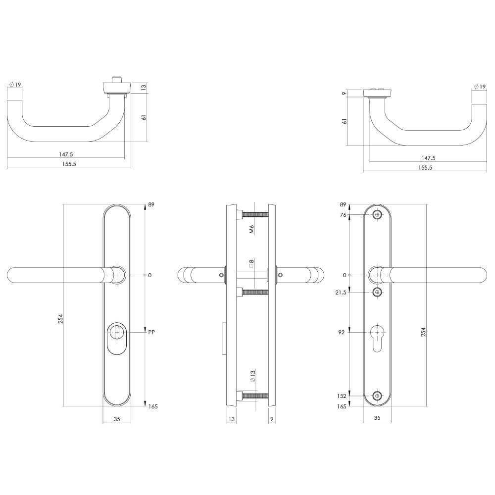 Achterdeurbeslag Aurano kerntrekbeveiliging smal PC 92mm RVS Intersteel 8714186395417