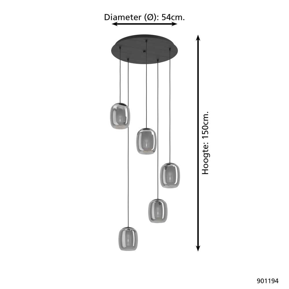 Eettafel hanglamp Ciampino 5L - smoke frosted glas Eglo 9008606312733