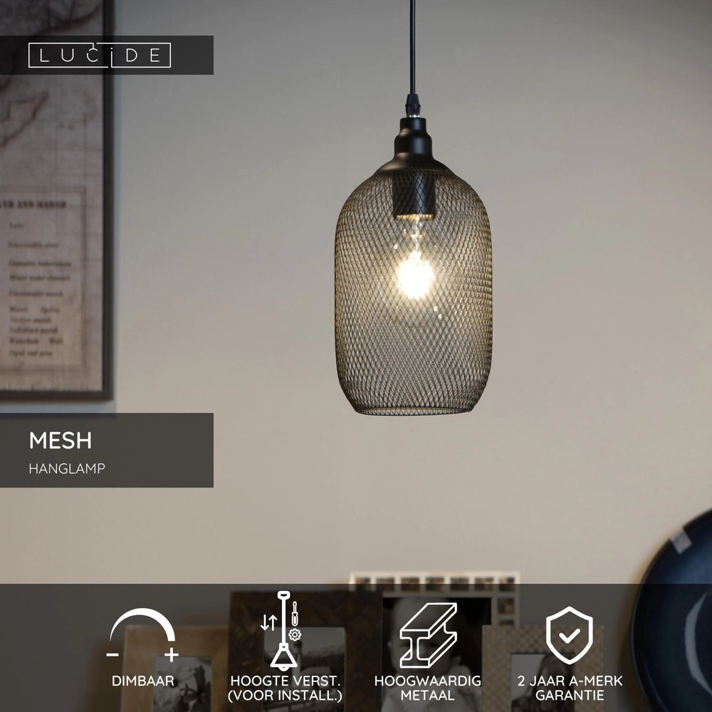 Gaas hanglamp Mesh Ø 15cm zwart Lucide 5411212430373