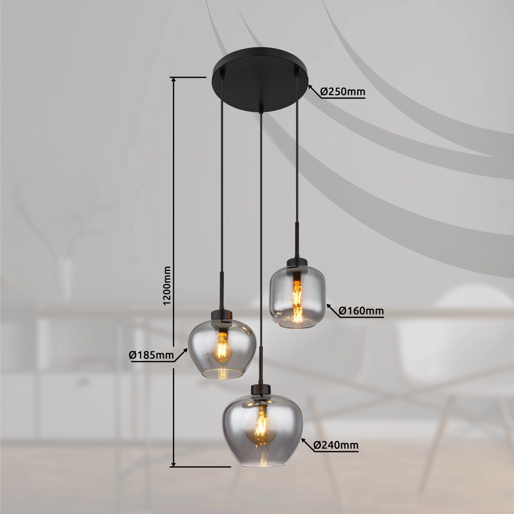 Design hanglamp Matt 3-lichts zwart met smoke glas Globo 9007371448258