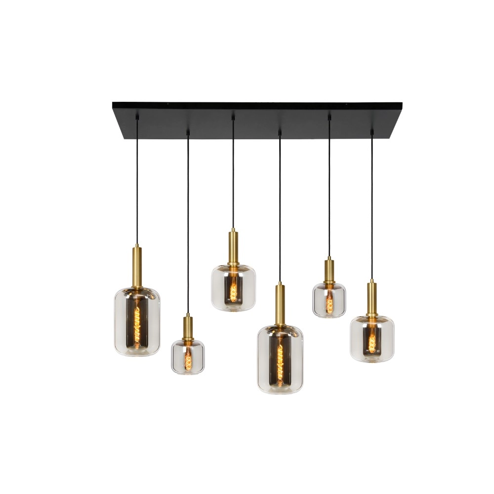6-lichts hanglamp Joanet recht goud met smoke glas