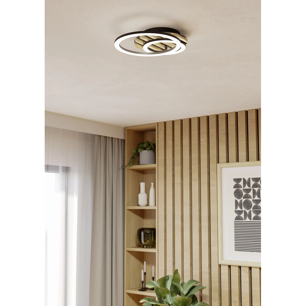 Moderne plafondlamp Cembrano zwart met hout rond Eglo 9008606388158
