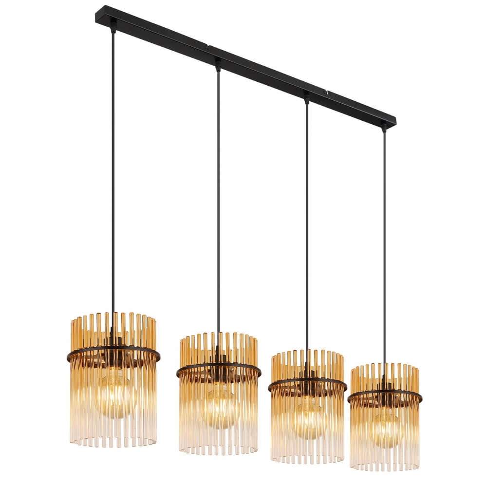 Zwarte hanglamp Gorley met amberglas 4-lichts
