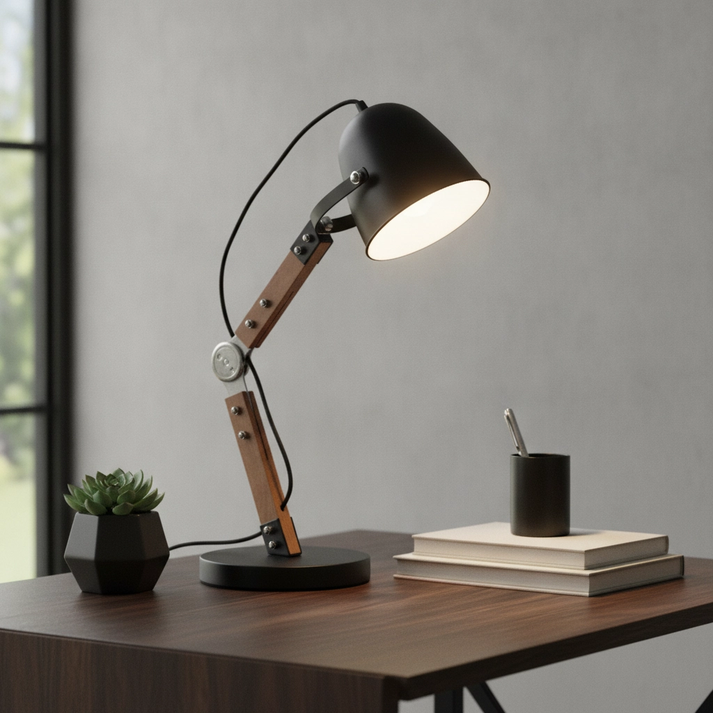 Landelijke bureaulamp Cooper zwart met hout