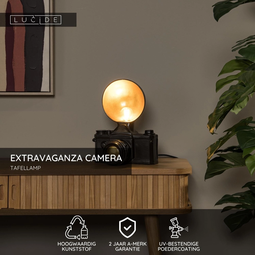 Nostalgische tafellamp Extravaganza Camera zwart met goud Lucide 5411212345769