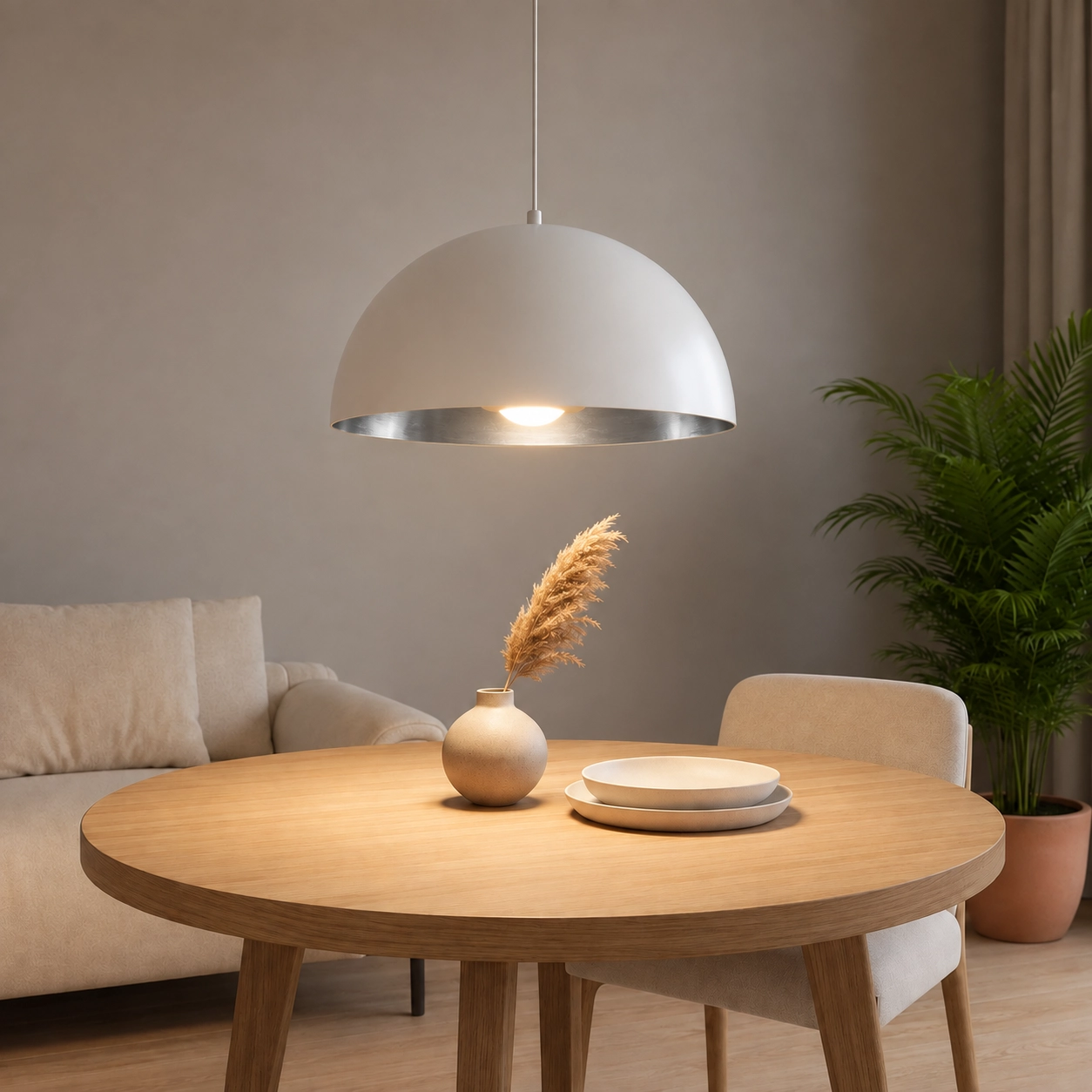 Grote hanglamp Gala Ø 50cm wit binnenkant zilver