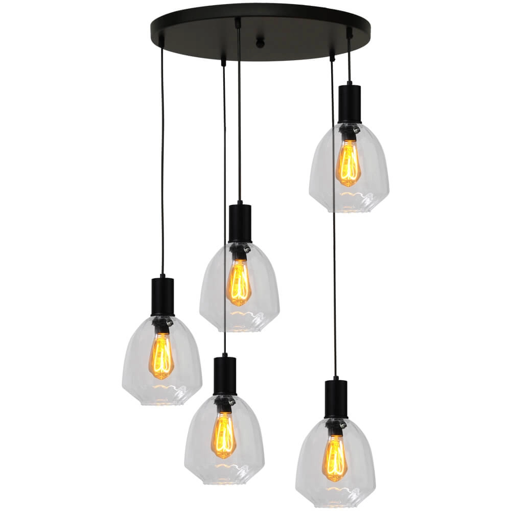 5-lichts vide hanglamp - zwart - Porto met Nicolette clear glazen