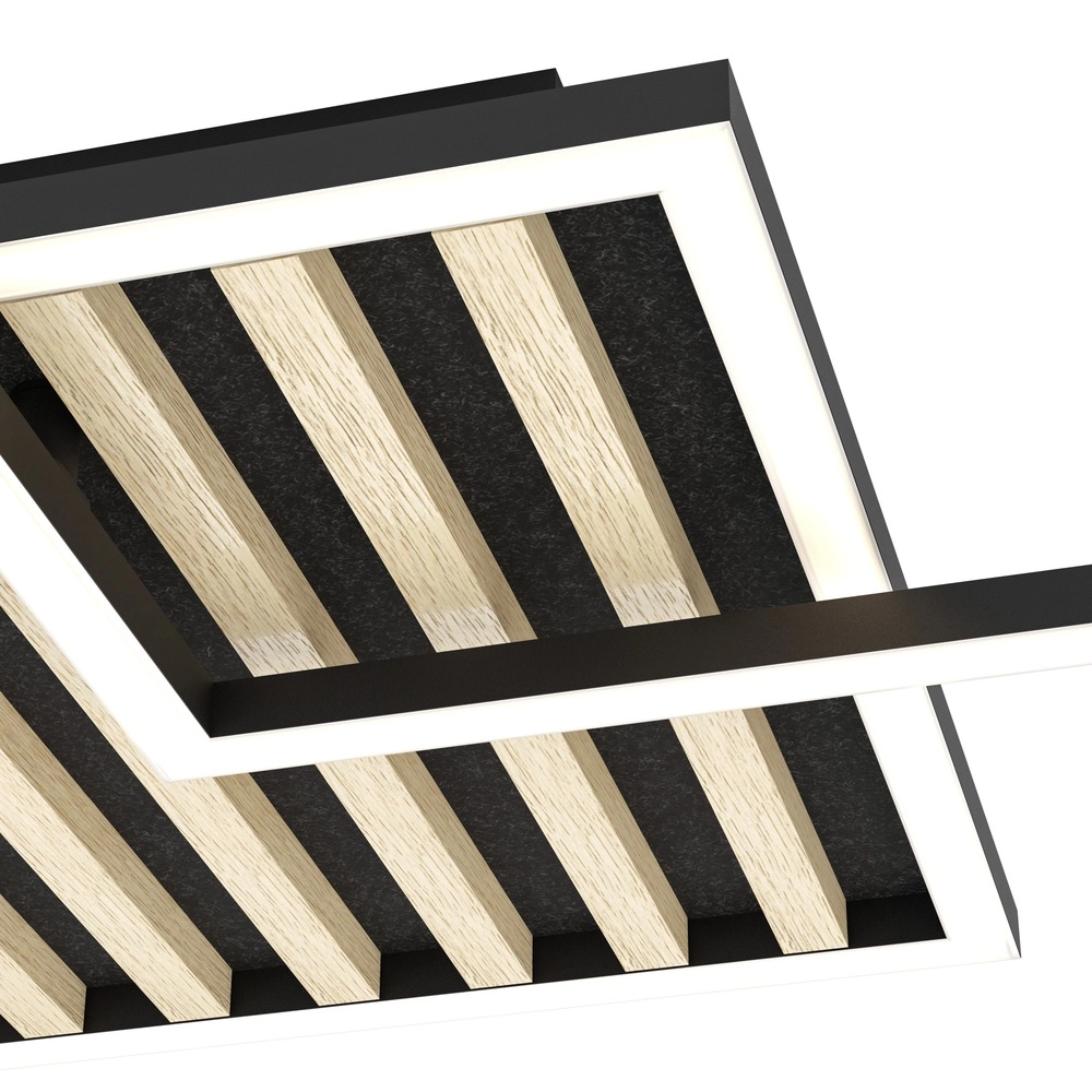 Moderne plafondlamp Cembrano zwart met hout vierkant 48,5 x 48,5 cm Eglo 9008606388226