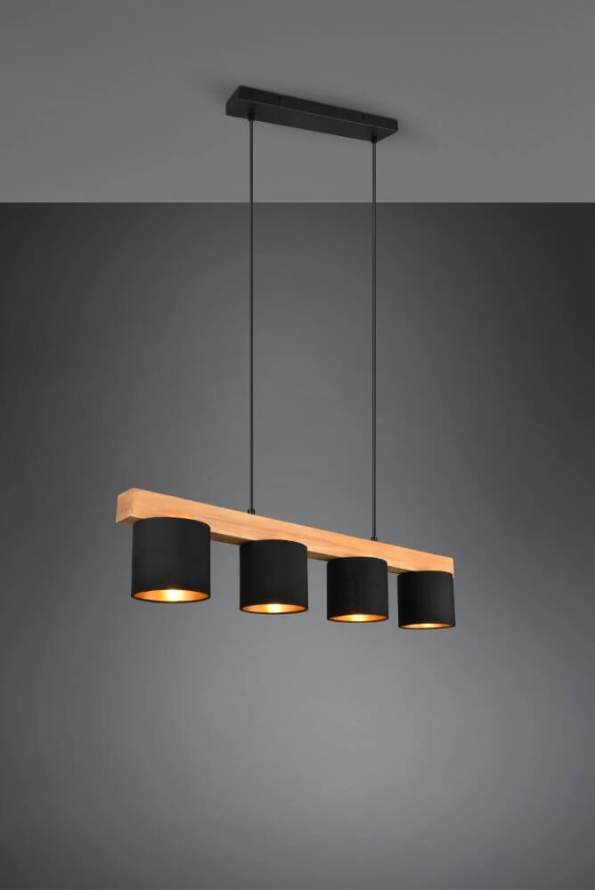 Hanglamp Cameron 4-lichts zwart met houtbruin Trio 4017807502923
