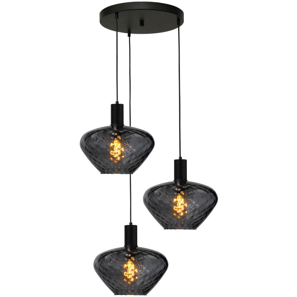 3-lichts vide hanglamp - zwart - Porto met Blossom smoke glazen