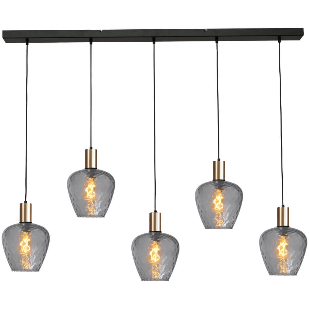 5-lichts hanglamp - goud - Porto met Diamond smoke glazen