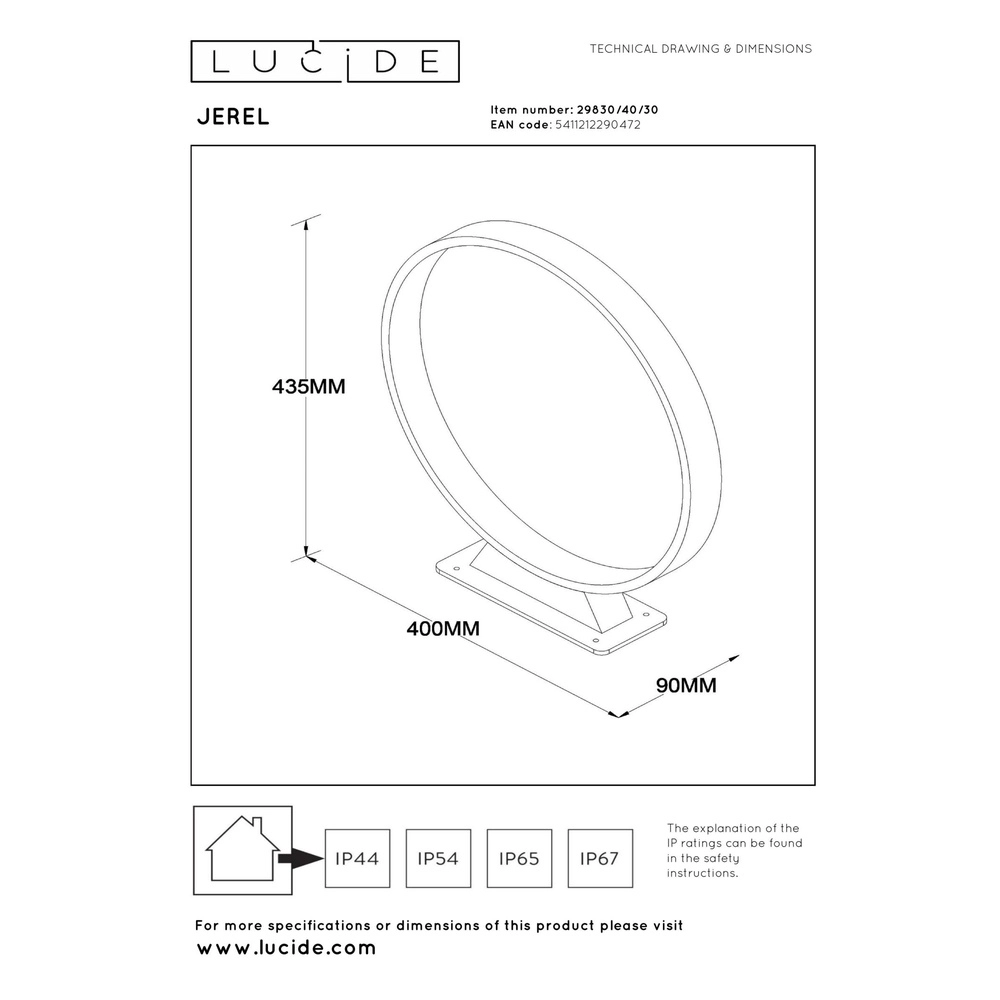 Ronde tuinlamp Jerel zwart IP54 Ø 40cm Lucide 5411212290472