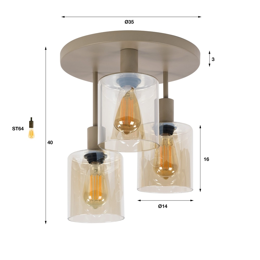 Desing plafondlamp Sepiora 3-lichts rond zand bruin Lyora 8716803515277