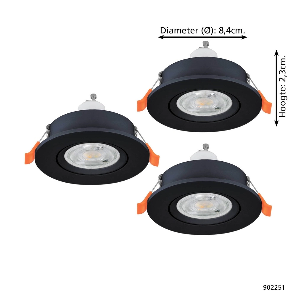 Set van 3 inbouwspots Barranco zwart Ø 8,4cm IP44 - 4000K Eglo 9008606359318