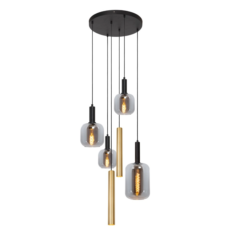 4-lichts hanglamp Joanet Ø 65cm goud met smoke glas