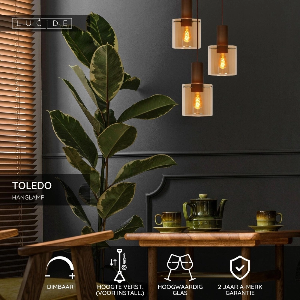 Hanglamp Toledo amber glas 3-lichts Lucide 5411212740861