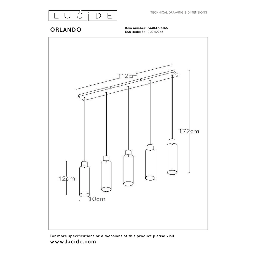 5-lichts hanglamp Orlando smoke glas Lucide 5411212740748