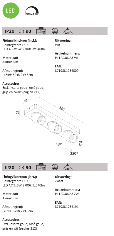 Led plafondspot Laguna 3-lichts Artdelight 8719831734009
