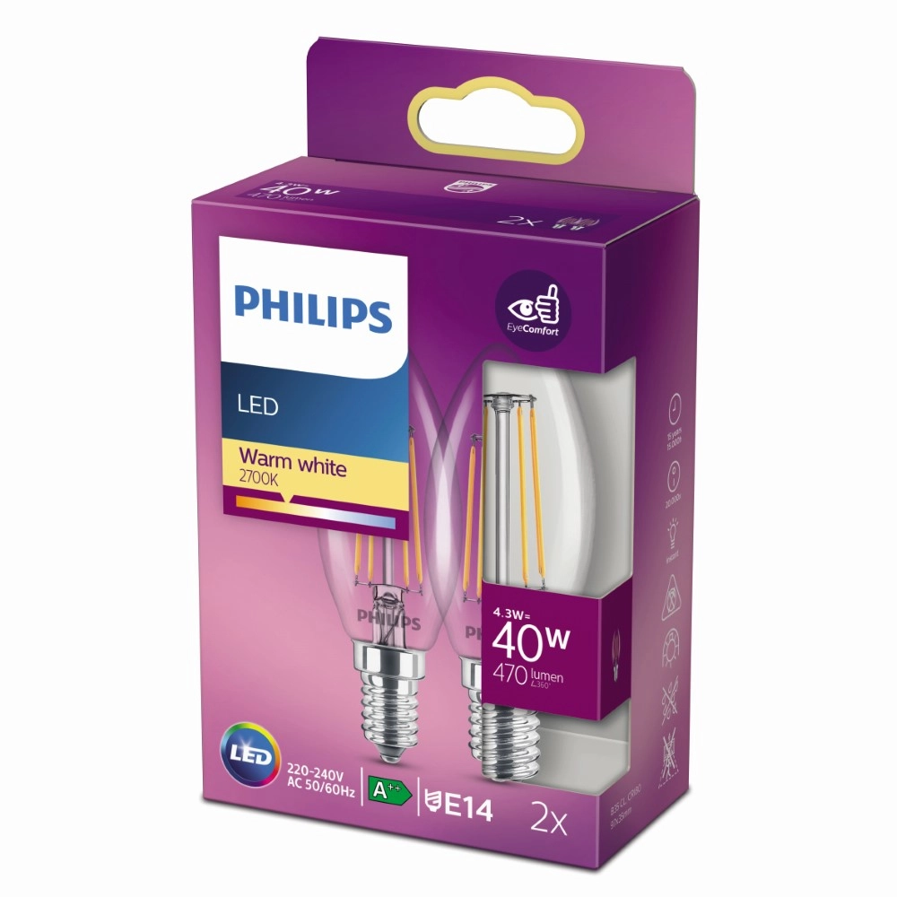 Lichtbron kaars 4,3W - E14 - 2700K - 470 lumen set van 2