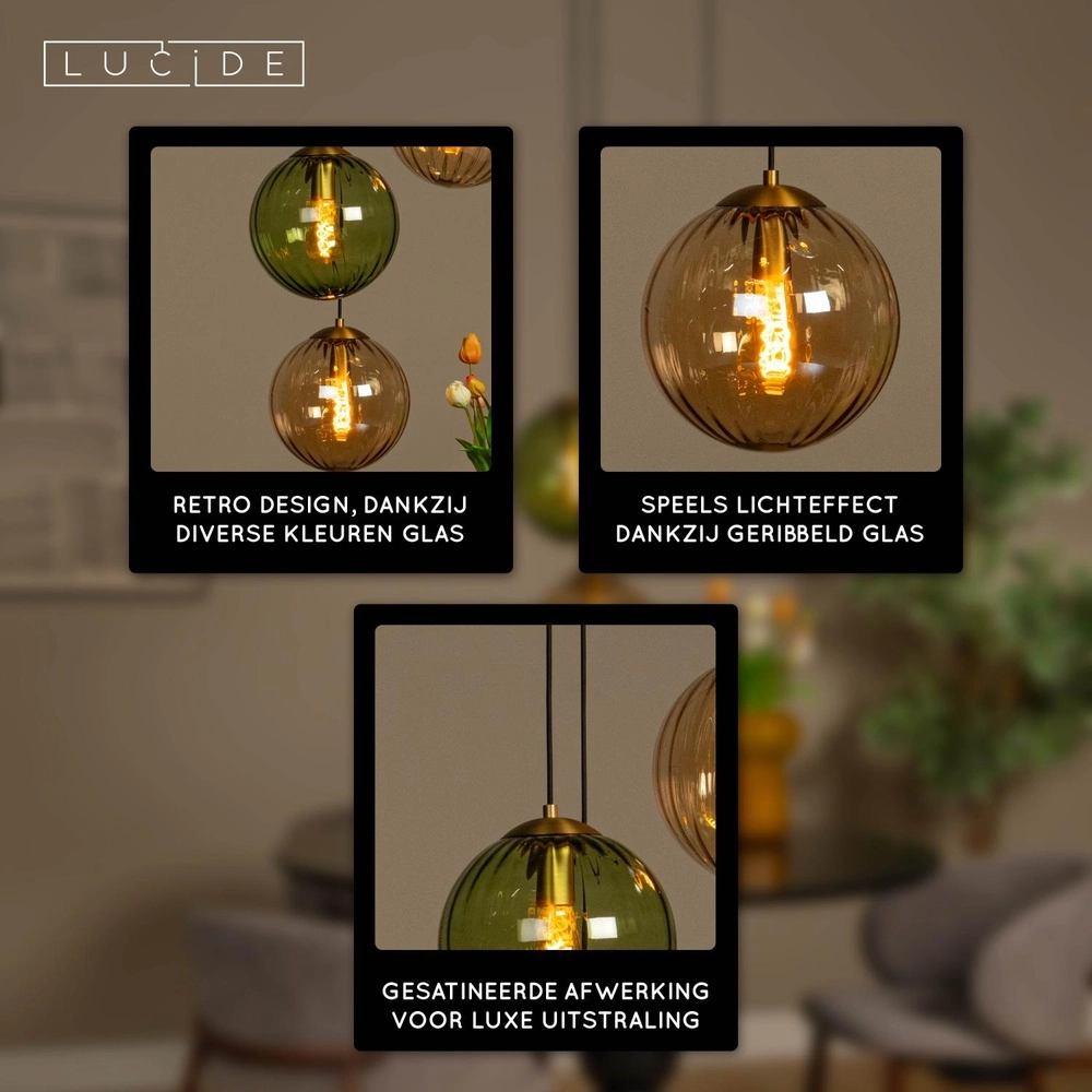 Design hanglamp Monsaraz groen en amber glas Lucide 5411212452412