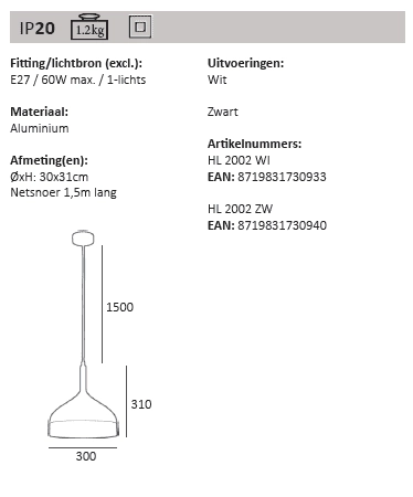 Ø 45cm hanglamp Moondrop 30cm wit met houtbruin Artdelight 8719831730933