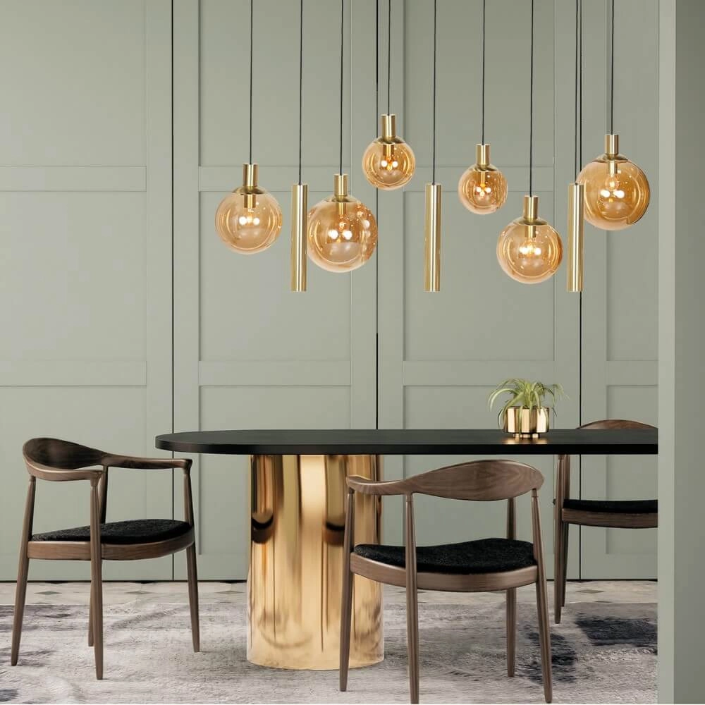 Eettafel hanglamp Bollique goud met amberglas Steinhauer 8712746172980