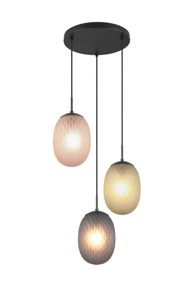 3-lichts hanglamp Facette met geribbeld gekleurd glas